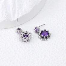 纯银防过敏女士耳环，镶嵌立方氧化锆，紫色花朵耳环，时尚精致耳环，生日礼物 - 紫色 - 查看 5