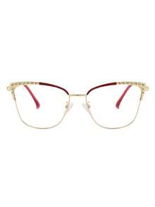 1 Pair Women's Cat Eye Rhinestone Metal Frame Non-Prescription Glasses, Fashionable Versatile Daily Accessory - Red and Gold Frame - View 3