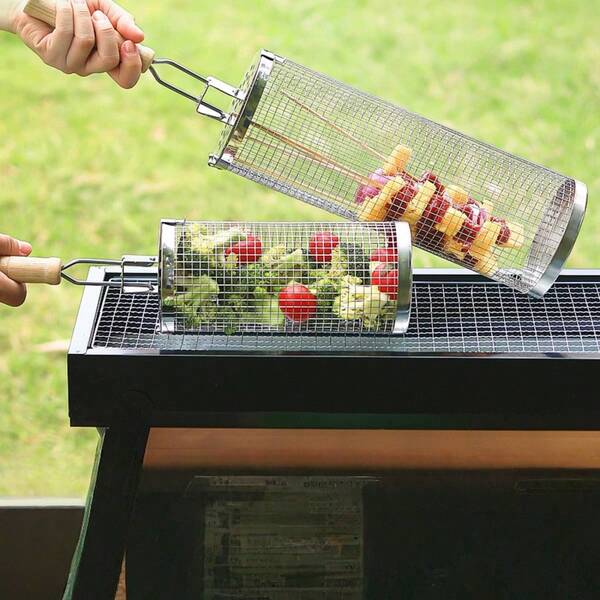 1 pieza Parrilla de acero inoxidable para BBQ, Jaula ahumadora para camping al aire libre, Cesta portátil redonda para BBQ de verduras