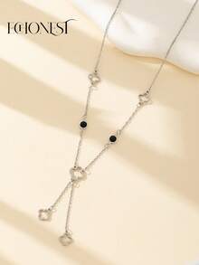 Bộ 2 món gồm: Dây chuyền hình cỏ bốn lá bằng thép không gỉ mạ bạc và mặt kính đen hình chữ Y + Dây chuyền dài hình cỏ bốn lá ba vòng tròn bằng kính đen. - Bạc - Xem 4