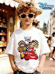Disney Pixar Racing Collaboration: Mater, McQueen, And Racing Cars Print Pattern Summer Tops,Short-Sleeved Casual And Cute Style  Children's Clothing Design, Boy Clothes For Kids ,Ropa Para Niños,Boy Clothes For Kids,Graphic Tee, Summer Clothes,Perfect For Cool Boy. Comfortable And Breathable Children's Short-Sleeved T-Shirt. Comfortable And Casual Wear All Year Round 180g Pure Cotton Children's Clothes,Comfortable & Lightweight, Iconic Print For Mix-And-Match Outfits,Suitable For Both Boys And Girls. - White - View 1