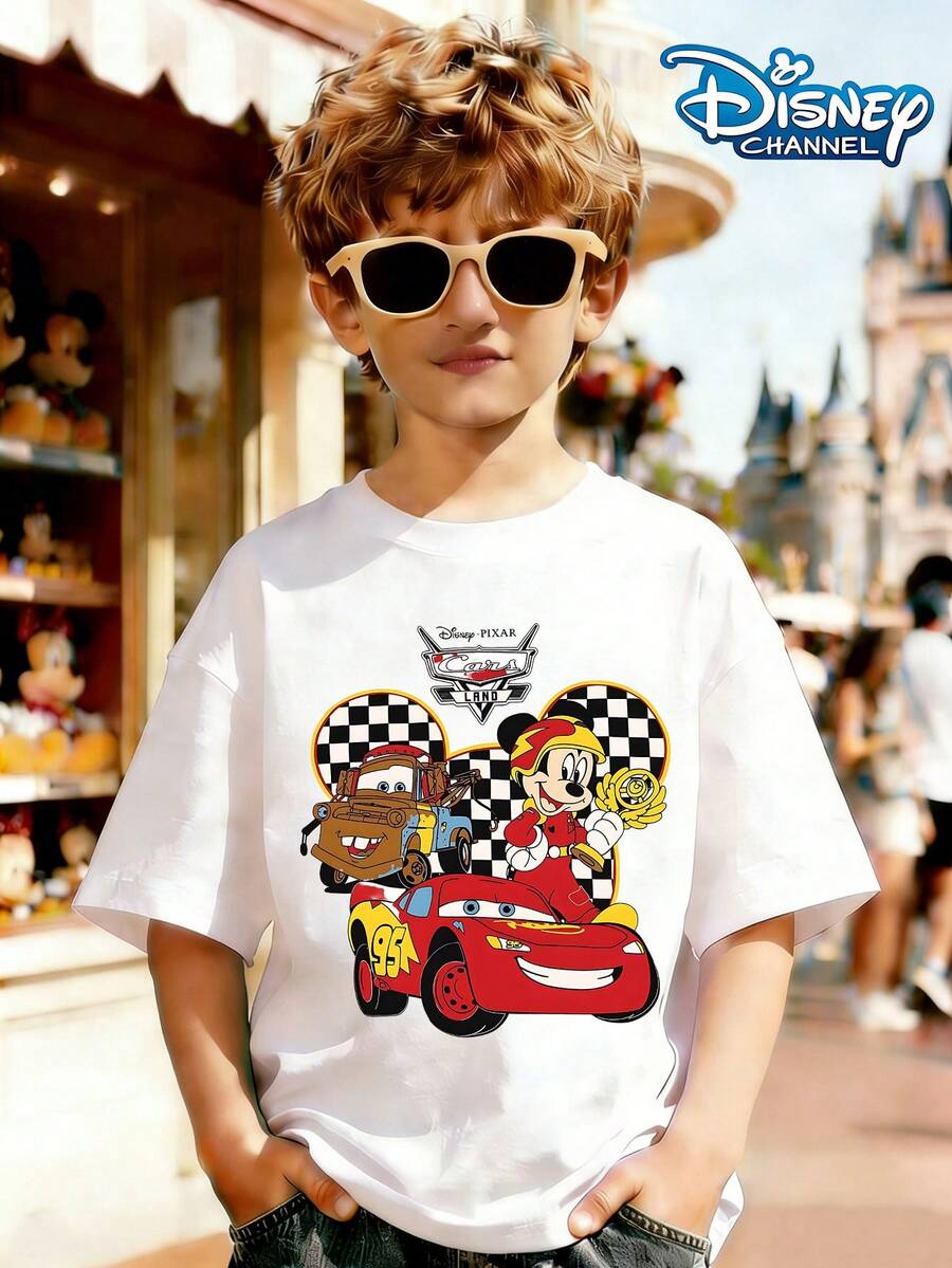 Disney Pixar Racing Collaboration: Mater, McQueen, And Racing Cars Print Pattern Summer Tops,Short-Sleeved Casual And Cute Style Children's Clothing Design, Boy Clothes For Kids ,Ropa Para Niños,Boy Clothes For Kids,Graphic Tee, Summer Clothes,Perfect For Cool Boy. Comfortable And Breathable Children's Short-Sleeved T-Shirt. Comfortable And Casual Wear All Year Round 180g Pure Cotton Children's Clothes,Comfortable & Lightweight, Iconic Print For Mix-And-Match Outfits,Suitable For Both Boys And Girls. - White - View 1