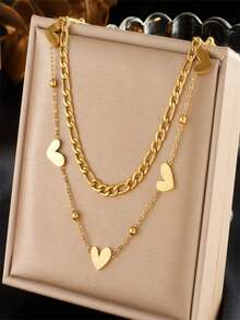 1Pc Fashion Double Layer Stacked Heart Necklace, Cross-Border Stainless Steel Gold Plated Chain New Arrival - Gold - View 1