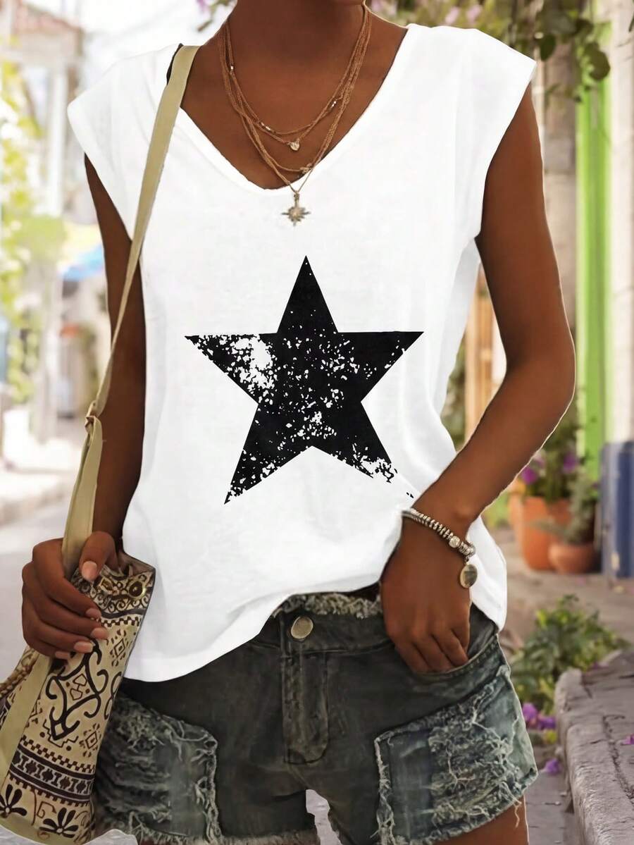 Women's Summer Star Print V-Neck Batwing Sleeve Loose T-Shirt, Business Casual Commuting Fashionable Comfortable Beach Top White - White - View 1