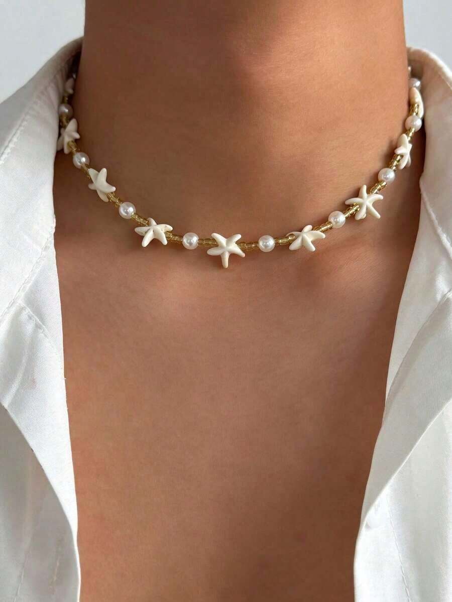 1pc Bohemian Style Starfish & Pearl Necklace, Retro Fashion Beaded Necklace For Men - 多色的 - 查看 1