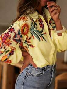 女士春夏数码印花衬衫，时尚优雅休闲宽松长袖翻领开衫，奢华日常外套，通勤度假皆宜 - 黃色 - 查看 5