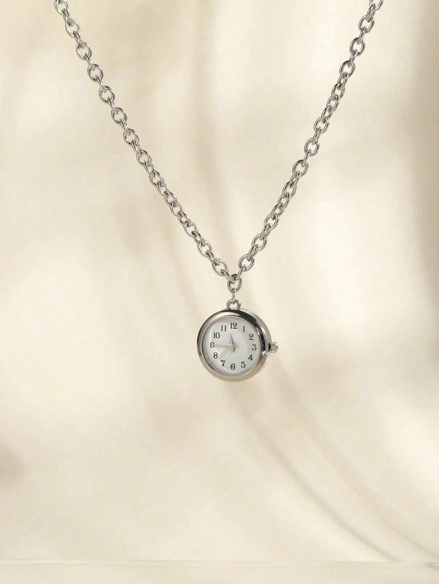 1pc Creative Round Quartz Watch Pendant Necklace, Unisex For Everyday And Party Wear - 復古銀色 - 查看 1
