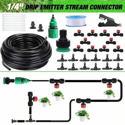 Garden 1/4-Inch Quick-Connect Drip Irrigation Sprayer, 10-Meter Hose, Red Dripper With 360° Adjustable Rotation, Suitable For 1/4-Inch Hose, Ideal For Garden Irrigation, Lawn Watering, And Agriculture