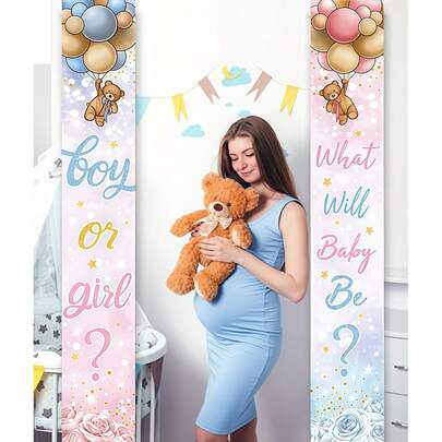 2D Door Curtain Banner, 1 Pair Of Small Bear Gender Reveal Party Decoration Banner For The Porch, Made Of Polyester Material - "Boy Or Girl?" Porch Banner, Equipped With Teddy Bears And Sunflower Garlands, In Pink And Blue Colors, Very Suitable For Decorating The Door For Children's Parties, Teddy Bear Party Decorations For Children.