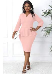 Plus Size Vintage Peplum Pencil Dress For Work Or Church - 粉色 - 查看 4