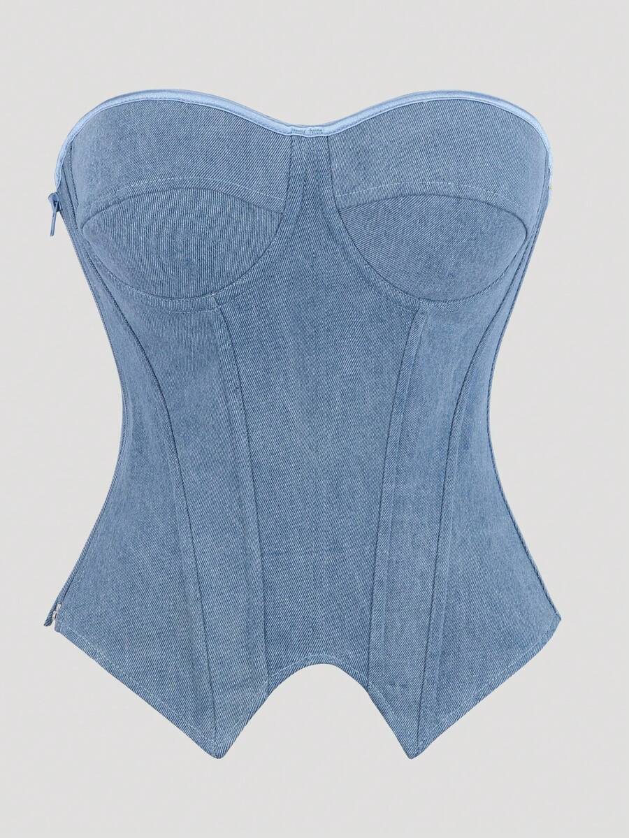 Blue Strapless Corset Top, Gothic Victorian Style Bodycon Shapewear, Suitable For Daily Wear And Special Occasions