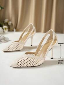 Women's Pointed Toe Glamorous Fashion Mesh Breathable Sexy Party Wedding Versatile Rhinestone Pumps - Apricot - View 7