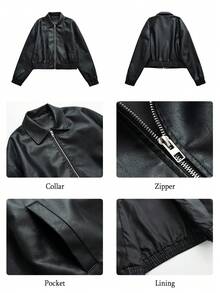 Women's Short Faux Leather Jacket Baseball Jacket Casual Zipper Outerwear PU Motorcycle Riding Jacket With Pockets - Black New - View 6