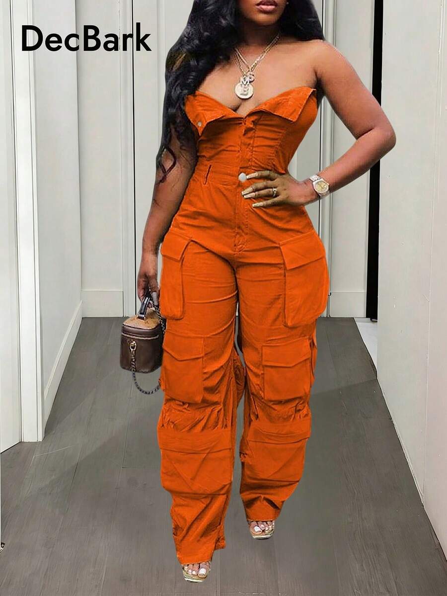 性感露背连体裤，美式工装风，高腰阔腿设计，多口袋，显瘦，春秋季款 - 橘色 - 查看 1