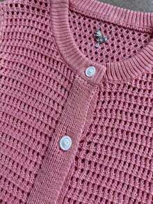 FOR BEAUTY Summer New Round Neck Short Sleeve Knit Cardigan, Women Loose Hollow Thin Button Cream Yellow Top, Casual Versatile, Suitable For Street Shopping And New Year Wear Spring - 深粉紅色 - 查看 11