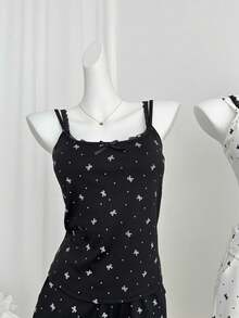 Women's Summer New Camisole Pajamas With Padded Bust, Bow & Lace Trim, Sleepwear - Black - View 4