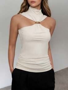 Amyenjoylife Women's Sleeveless High Neck Elastic Sexy Top, Spring/Summer - Apricot - View 6