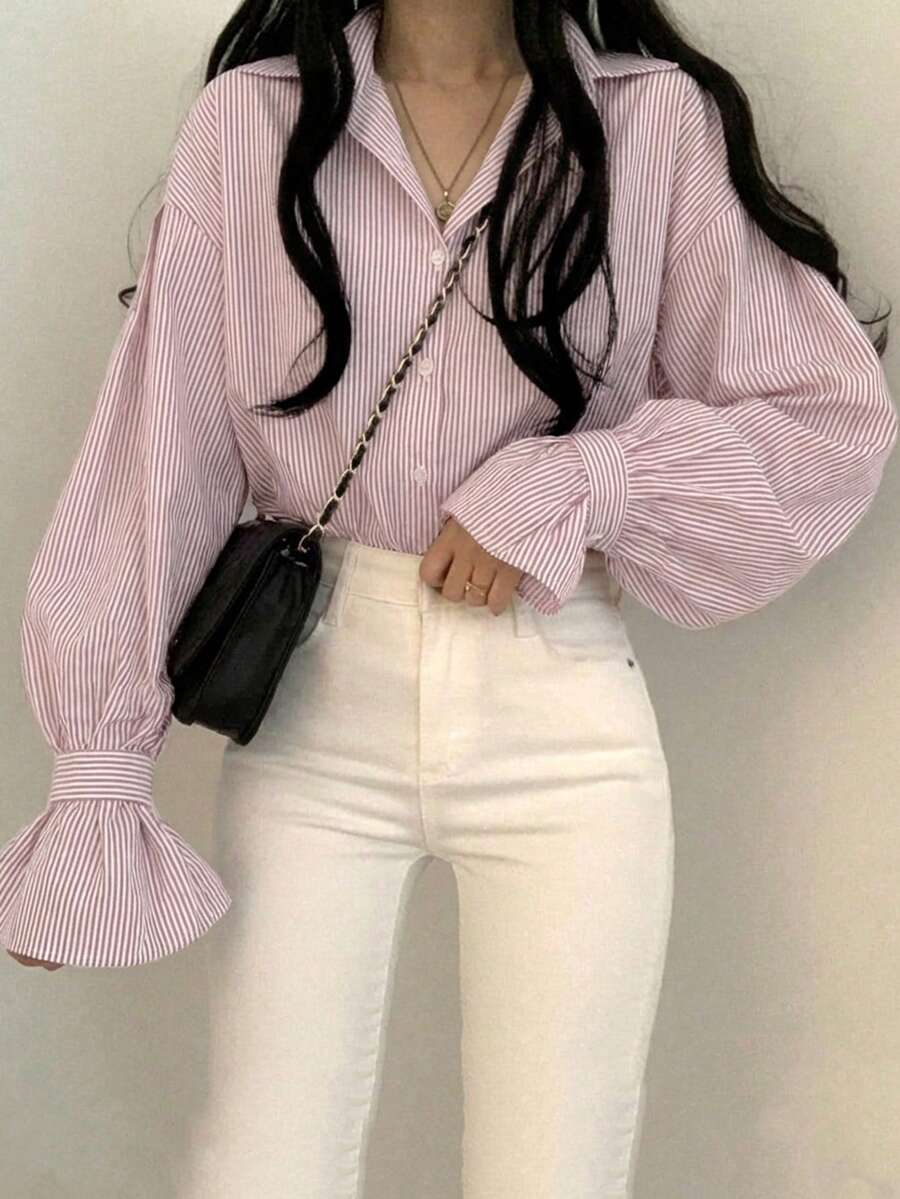 Blusa/camisa de manga larga holgada con botones y cuello único a rayas, de estilo casual, color rosa, para primavera - Rosa - Ver 1