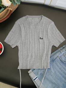 Áo croptop dệt kim xoắn cổ tròn hở vai và eo gợi cảm, mẫu mới Xuân/Hè dành cho nữ - hoa màu xám - Xem 4