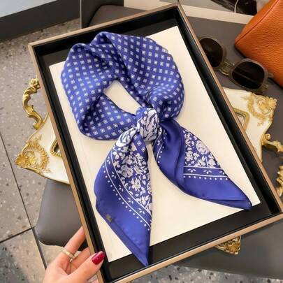 1pc New Printed Square Floral Scarf, Fashion Versatile Rapper Neckerchief, Silky Soft Lightweight Scarf/Headband/Hair Accessory, Casual Polyester Floral Print Scarf For Spring, Summer, Autumn