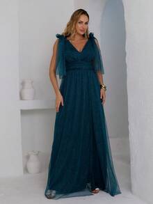 Shiny Flutter Sleeve Multi-Shape Dress - 墨綠色 - 查看 1