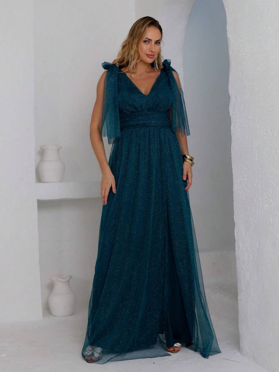 Shiny Flutter Sleeve Multi-Shape Dress - 墨綠色 - 查看 1