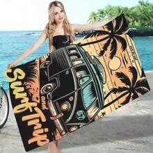 1pc Sun&Surf Retro Bus Beach Towel, American Surfing Style, Perfect For Travel And Photo Shooting - 58gh - View 5