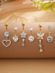 6件套18K镀金不锈钢肚脐环套装，蝴蝶、心形、双心形镶嵌锆石，经典女士穿刺饰品，节日佩戴 - 金黃色 - 查看 7