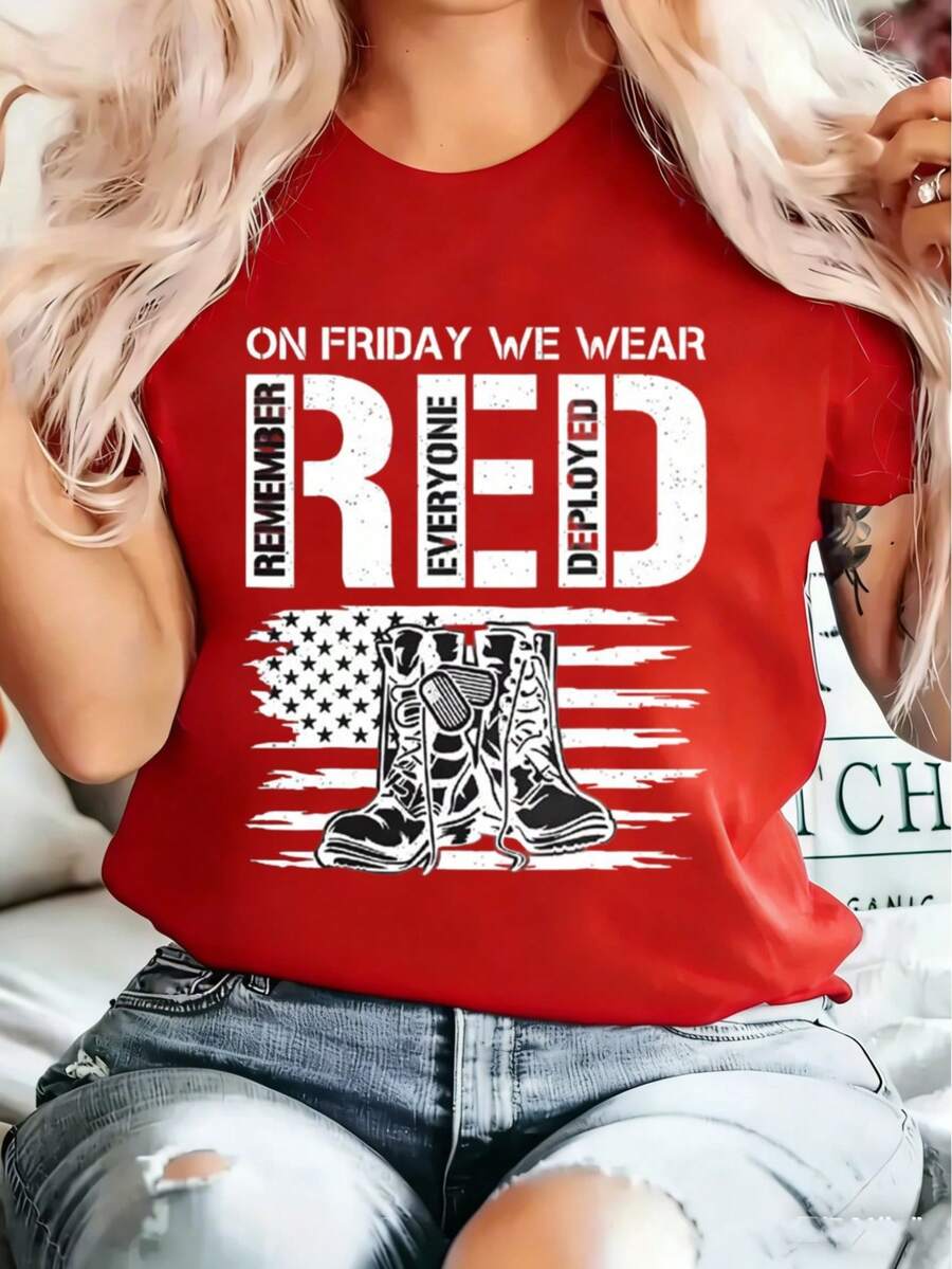 Women's T-Shirt On Friday We Wear Red Remember Everyone Deployed Design For Women 4th Of July Outfit Women, S To 2XL Light And Not Stuffy Suitable For All Seasons Suitable For Daily Leisure Street Wear And Other Scenes,Elegant And Fashionable With Feminine Charm. Ideal For Holiday Gifts. Saint Patrick's Day, Mother's Day, Valentine's Day Gifts. Suitable For Spring And Summer Seasons. Refreshing, Exquisite And Magnificent. Suitable For Casual, Sports, Vacation, Travel, Beach Wear And Daily Wear. Versatile And Suitable For All Occasions. Elegant Women's Sets, Shirts, Pink Summer Outfits, Vacation Outfits For Women. - 紅色 - 查看 1