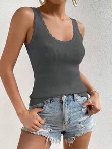 Womens Summer Sleeveless Tank Tops V Neck Ruffle Lightweight Ribbed Knit Shirt Casual Going Out Top - Màu xám đen - Xem 4