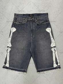 Men's Vintage Washed Skeleton Bone Embroidered Denim Shorts, Loose Fit Frayed Hem Knee Length Streetwear Jeans Shorts - màu đen - Xem 1