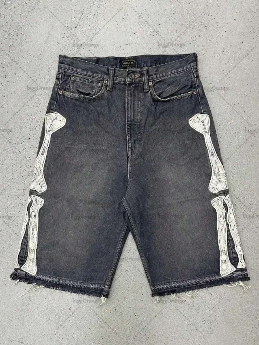 Men's Vintage Washed Skeleton Bone Embroidered Denim Shorts, Loose Fit Frayed Hem Knee Length Streetwear Jeans Shorts - màu đen - Xem 1