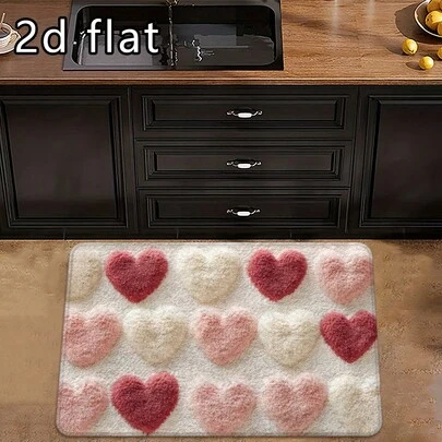 1pc/2pcs/3pcs Pink Heart-Shaped Kitchen Mat - Plush Faux Sheepskin Non-Slip Absorbent Quick-Dry Washable Rectangular Rug, Suitable For Shower, Entryway, Kitchen, Bedroom - Home Decor Holiday Gift, Romantic Decor Washable, Entrance Mat, Bathroom Rug, Faux Wool