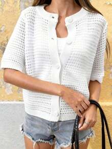 FOR BEAUTY Summer New Round Neck Short Sleeve Knit Cardigan, Women Loose Hollow Thin Button Cream Yellow Top, Casual Versatile, Suitable For Street Shopping And New Year Wear Spring - 白色 - 查看 3