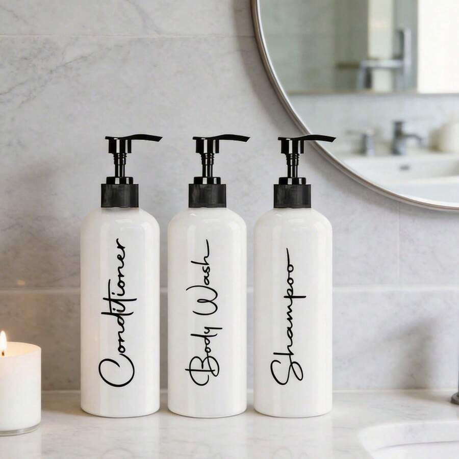 3pcs-Set Of 16.9oz Modern Gold Design Pump Bottle,Refillable Shampoo And Conditioner Dispenser Empty Shower Plastic Bottles With Pump For Bathroom Lotion Body Wash - White - View 1