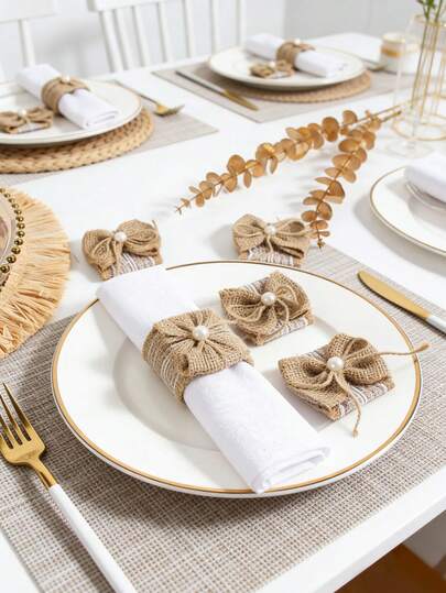 1-6pcs Handmade Woven Linen Lace Rope Bow Napkin Rings, Natural Color Decoration For Outdoor Dining Table, Suitable For Holidays, Parties, Birthdays, Weddings And Dinners