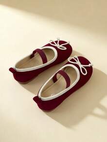 1 Pair Girls' Mary Jane Flat Shoes With Bow, Round Toe Elastic Band, Suitable For Daily Dresses - Burgundy - View 4