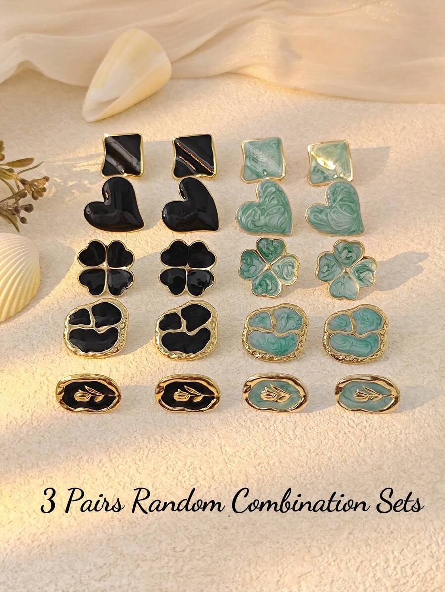 3 paires d'ensemble de boucles d'oreilles assorties, bijoux en acier inoxydable mettant en valeur la personnalisation, ensemble de boucles d'oreilles noir & vert, boucles d'oreilles tulipe rétro, boucles d'oreilles goutte élégantes minimalistes, ensemble de boucles d'oreilles carrées minimalistes, ensemble de boucles d'oreilles florales géométriques asymétriques, ensemble de boucles d'oreilles carrées minimalistes