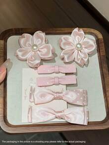 6pcs Cute Girl's Pink Sakura Bow, Polka Dot Hair Clips, Sweet Versatile Side Bangs Clips, Fashionable Elegant Duck Mouth Hair Clips, Suitable For Daily Use In Spring - Pink - View 2