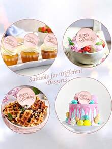 10pcs Rose Gold Mirror Acrylic Cupcake Toppers, Happy Birthday Cake Plate Decorations, Round Birthday Party Dessert Baking Cake Decor - Rose Gold - View 8