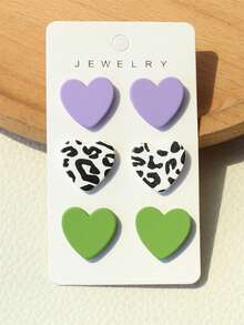 3 Pairs Teenage Girl Purple, Green, Leopard Print Ceramic Texture Romantic Heart Acrylic Earrings - Multicolor - View 8