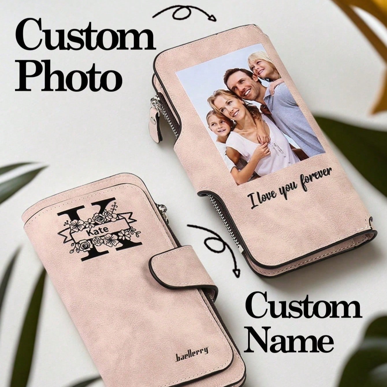 Billetera personalizada con foto y nombre personalizable, monedero grande de cuero PU con tarjetero, regalo para mamá, DĂa de la Madre, cumpleaños,