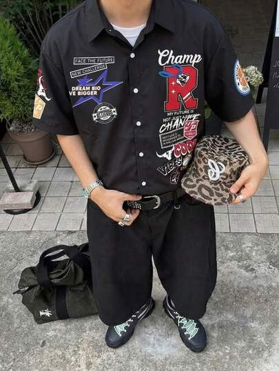 Men's Street-Style Printed Shirt, Black Loose Racing-Inspired Top Aesthetically Collegiate-Style Letter Patchwork Top Y2K Urban Outfit