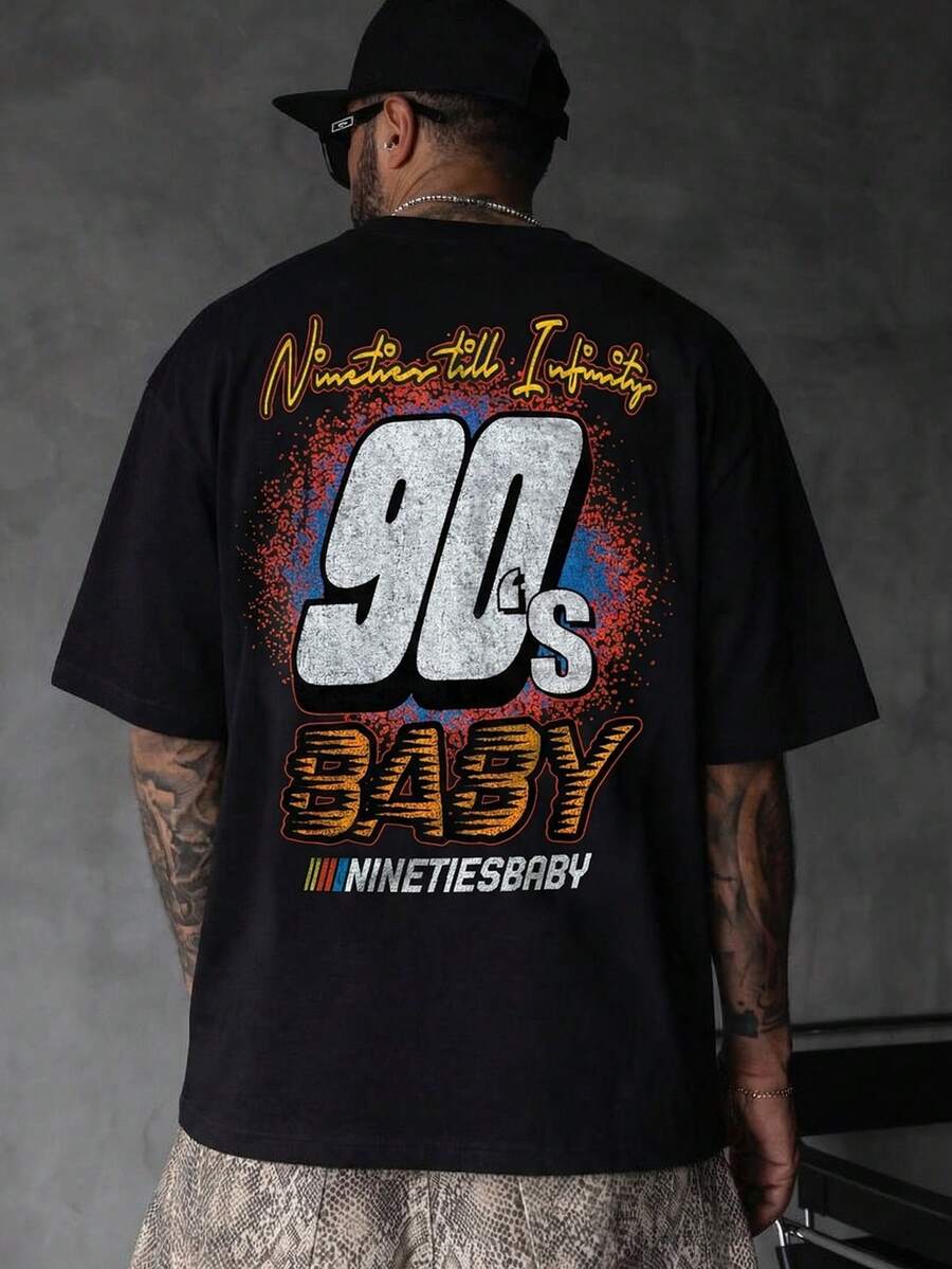 FRACTYR 男士夏季休闲街头服饰 | “90年代宝贝”赛车主题黑色印花T恤 | 必备复古街头风单品 | 圆领短袖上衣 - 黑色 - 查看 1