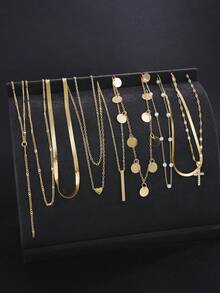 10件套时尚简约优雅水晶十字架和心形仿珍珠金色项链套装，适合女性在假期、派对、宴会、节日、生日、日常佩戴。 - 金黃色 - 查看 3