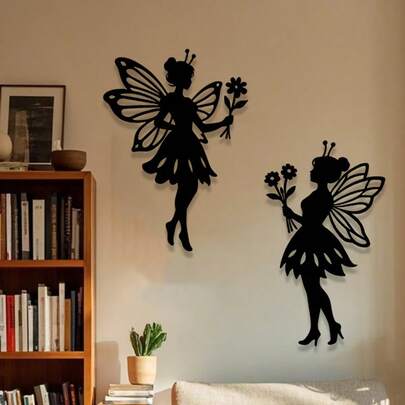 Trang trí tường hình thiên thần 2D bằng acrylic - Hình bóng thanh lịch của nàng tiên với điểm nhấn hoa, thích hợp để treo trong nhà/ngoài trời trang trí nhà cửa và sân vườn, 2 chiếc/bộ.