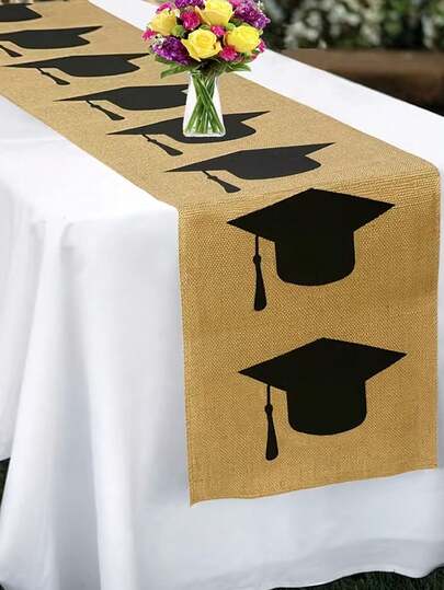 3pcs Linen Table Runners Suitable For Graduation Ceremony, With Graduation Cap Design Elements, Applicable For Graduation Party Decoration, Graduation Ceremony Decoration, Graduation Season Tabletop Decoration And Home Decor