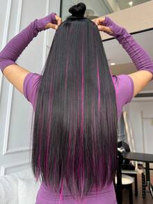 Extensiones de cabello sintético de 24 pulgadas de un solo tono, estilo liso y rizado, postizos con clip para mujeres - Dos Tonos - Ver 9