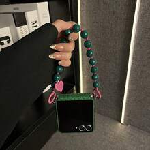 Korean Simple Dark Green Straw Mat Pattern Phone Case With Beads Chain Compatible With Samsung Galaxy ZFlip7 Z Flip6 ZFlip 5 Zflip6 Zflip5 Shockproof Back Cover - Dark Green - View 4