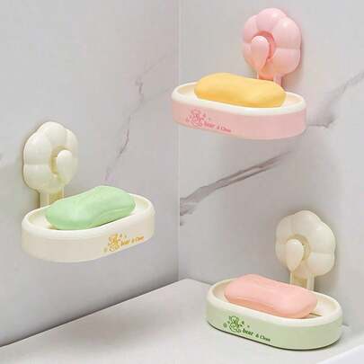 1 pieza Plato de jabón con decoración de flor y ventosa, soporte de pared de baño de lujo sin necesidad de taladrar